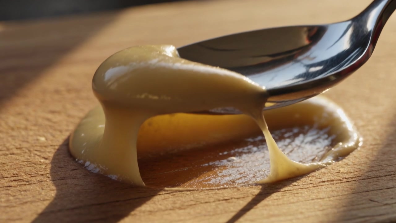 Contacting edge, metal spoon lifting thick yellow paste from wooden board, revealing stretchiness