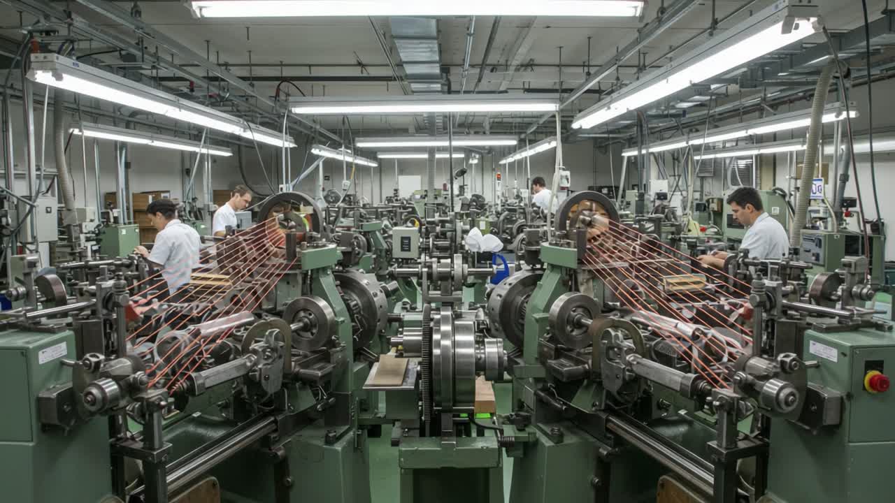 Yüksek teknolojili bir ortamda hassas mühendislik ve üretime odaklanan, makineleri kullanan çok sayıda işçinin yer aldığı Endüstriyel Fabrika Üretim Hattı