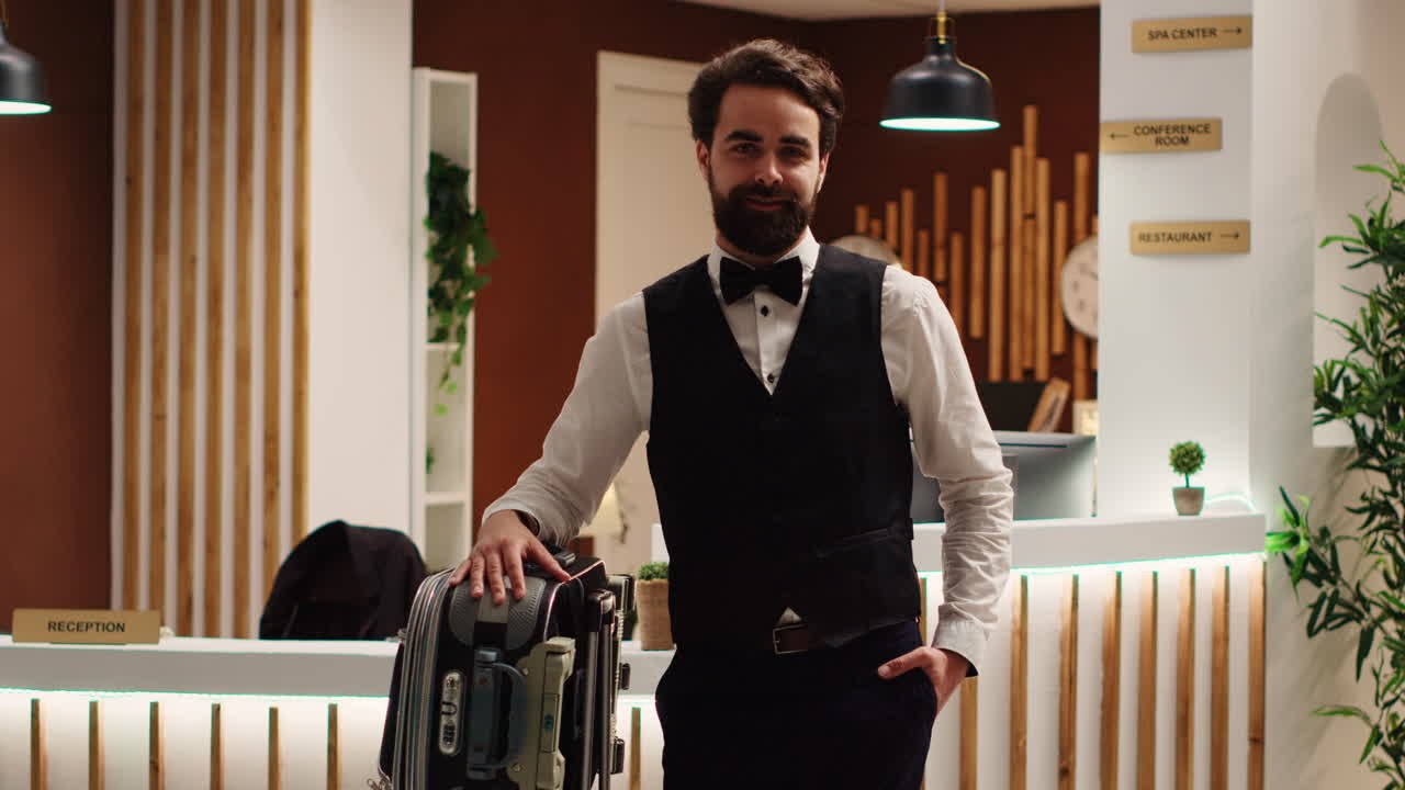 Bellboy standing by luggage trolley