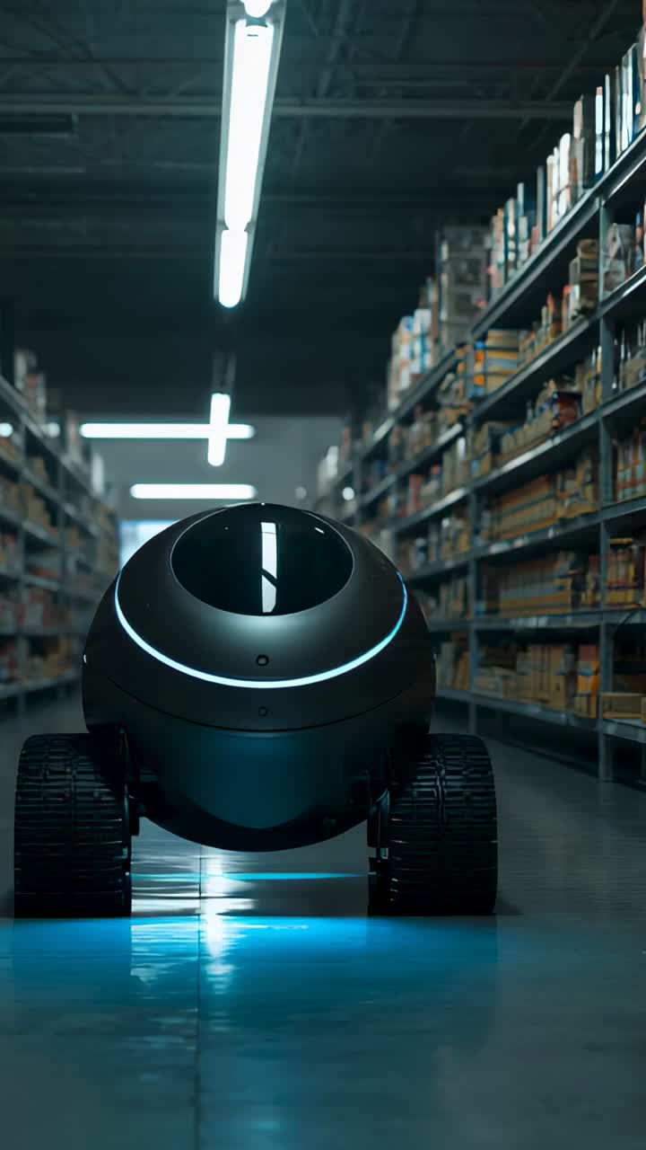 Vertical video: Receiving command, spherical robot rolling down warehouse aisle, scanning shelves
