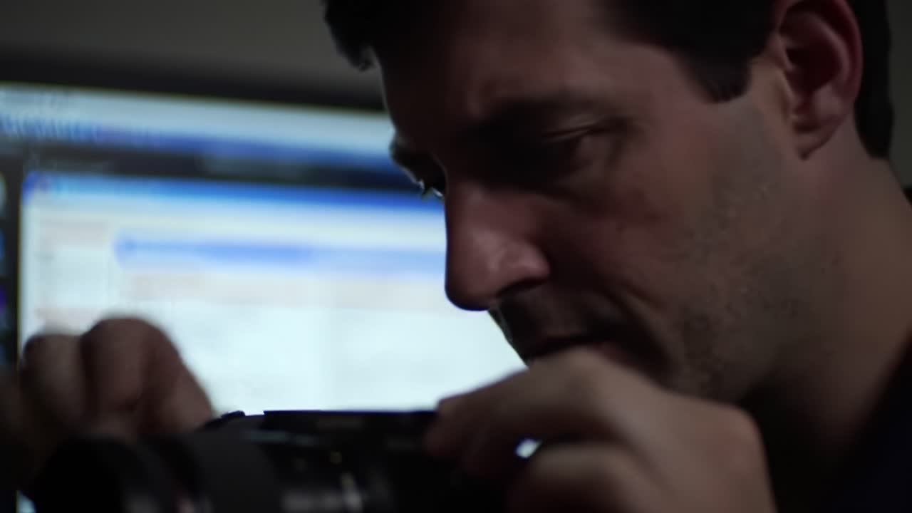 A man concentrates on adjusting a camera in a low-light setting. The background features a computer displaying data.