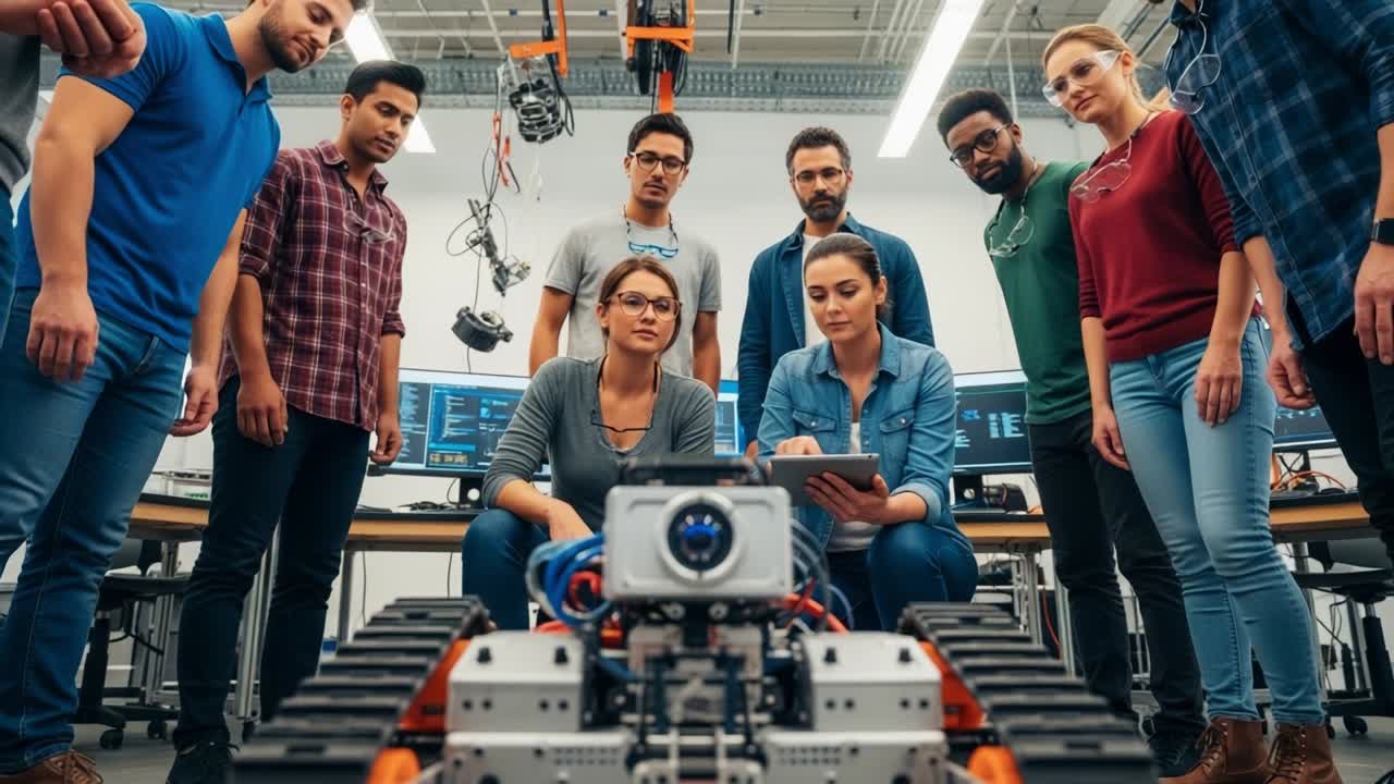A diverse group of individuals engages in collaborative robotics development, observing and analyzing a robotic platform in a high-tech innovation lab, showcasing teamwork and technology in action