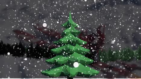 Animation-of-snow-falling-over-christmas-tree-and-winter-landscape