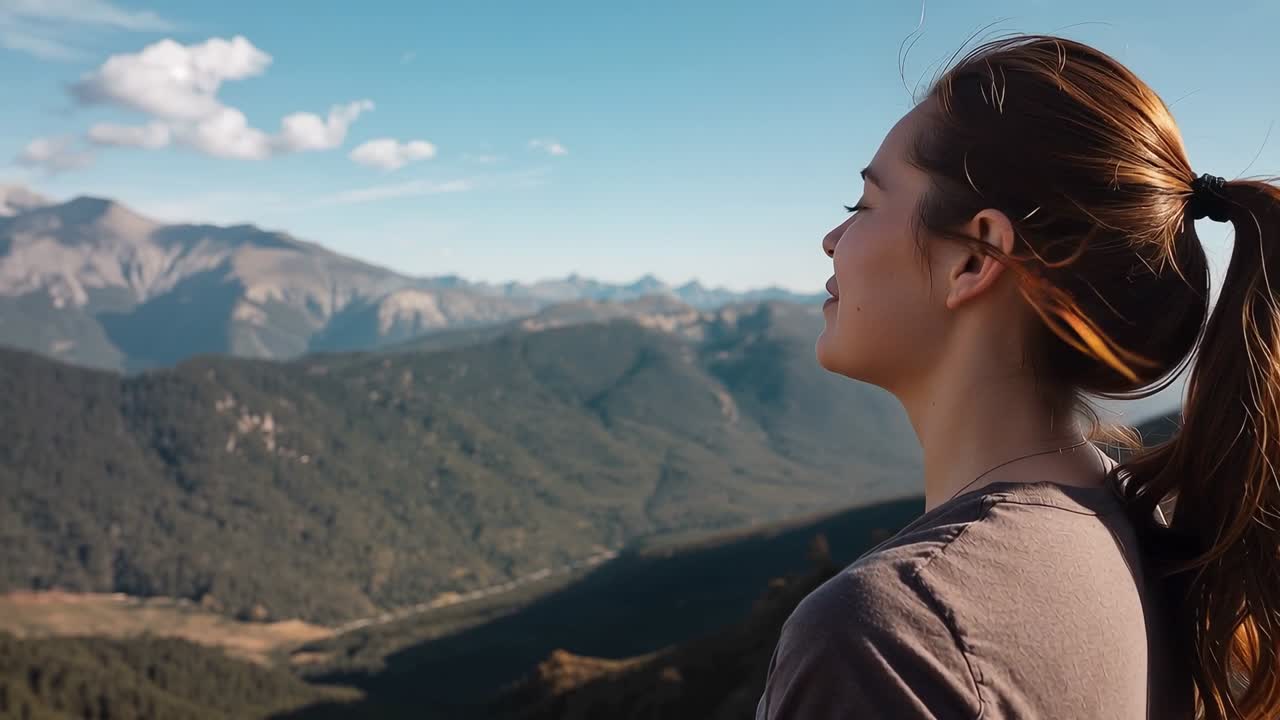 Mulher contemplando com camiseta cinza em mirante de montanha enquanto a câmera se move, capturando picos, com espaço para texto.