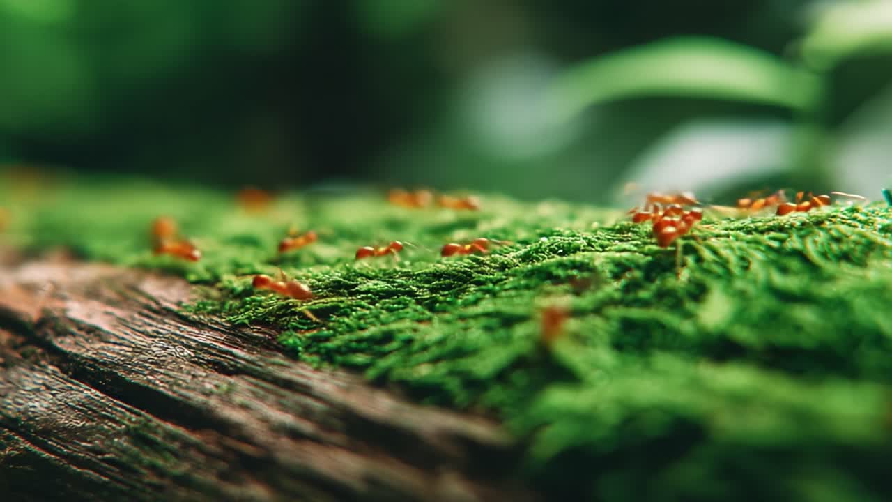 A Close-Up Exploration of Ants foraging and moving across vibrant green moss on a wooden log amidst a lush forest setting, showcasing nature's intricate micro-ecosystem