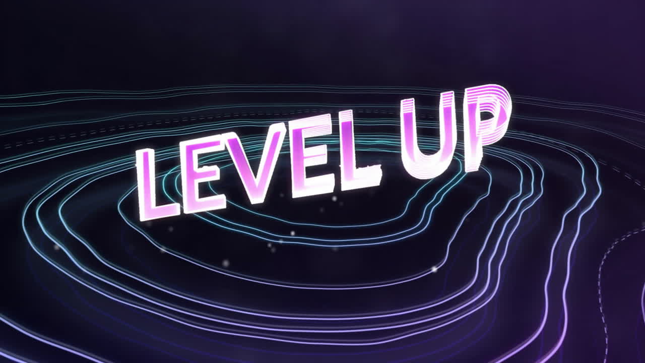 Animation of level up text over moving neon shapes
