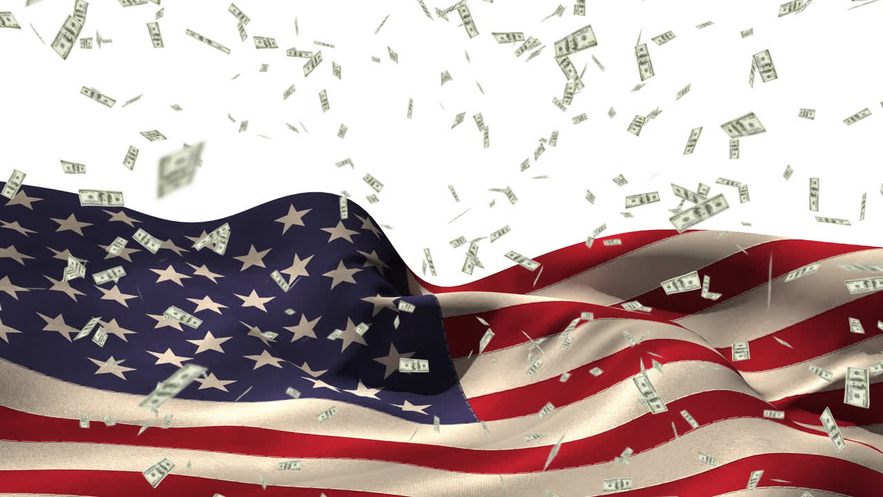 미국  ⁇ 발 위로 떨어지는 미국 달러 지폐의 애니메이션
