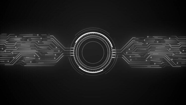 Hightech hud interface sleek glowing circuits extending symmetrically from a central round core for