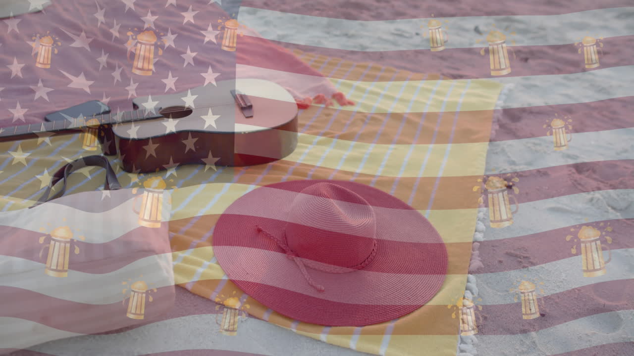 Animation of flag of usa and beer icons over guitar and hat on beach