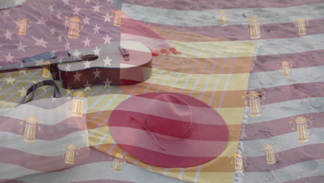 animation of flag of usa and beer icons over guitar and hat on beach