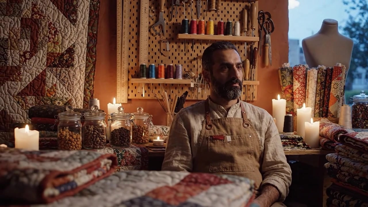 Ein Handwerker in seiner Werkstatt, umgeben von Quilts und Kerzen, genießt die kreative Atmosphäre von Textilkunst und handwerklichem Können in einem warm beleuchteten Raum.