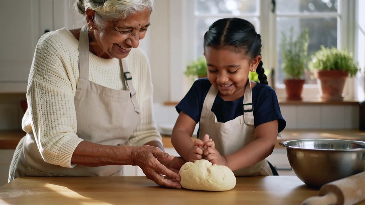 Clapping child pressing, folding dough for baking at home counter, senior guiding in aprons