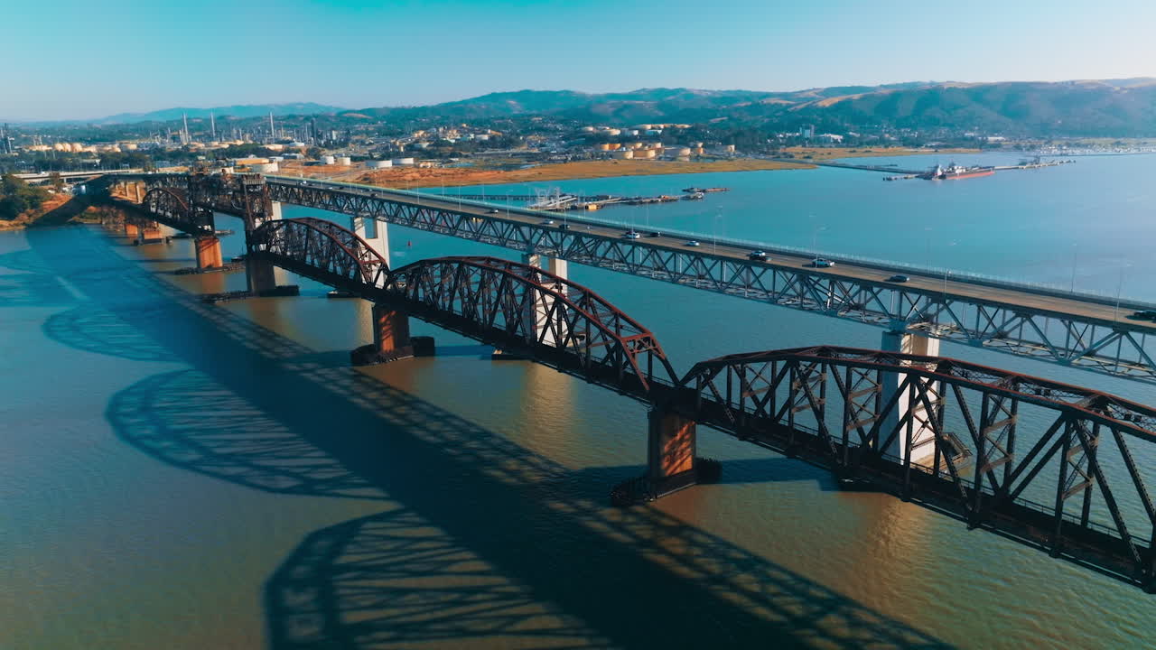 Aerial View of a Historic Bridge Over a Bay