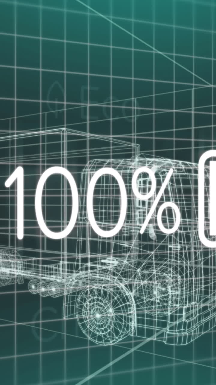 animación de los datos del estado de carga en la interfaz del vehículo eléctrico, en un modelo de camión 3d