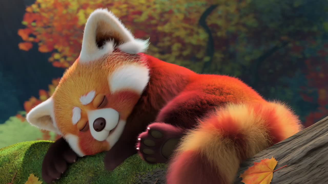 Cute Red Panda Sleeping in an Autumn Forest