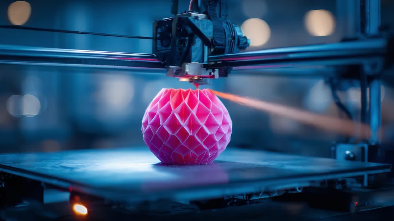A Vibrant Pink 3D-Printed Object Emerges from the Printer, Showcasing Intricate Patterns and Modern Technology in a Captivating Workshop Environment