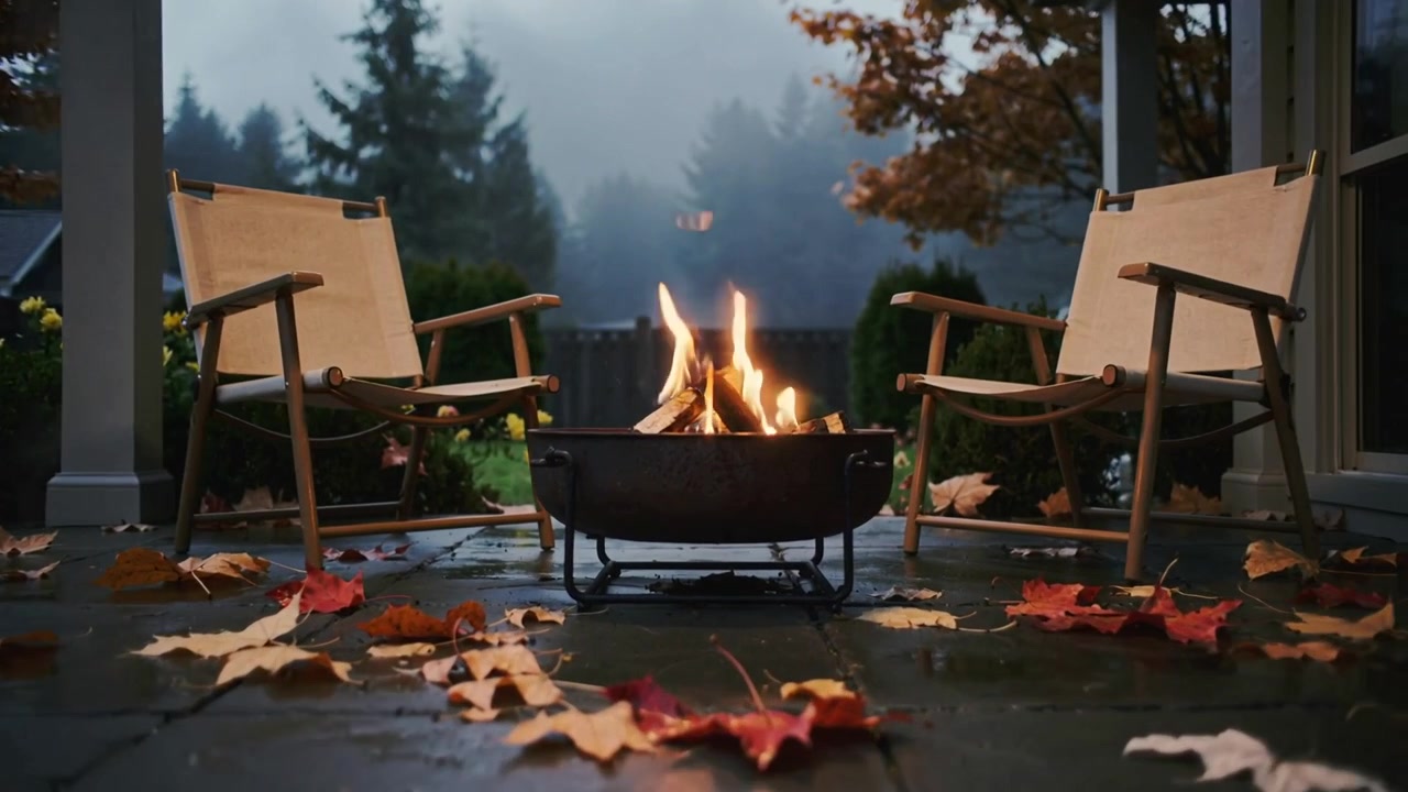 Burning metal fire pit intensifying on wet patio as rain easing, warming space between two chairs