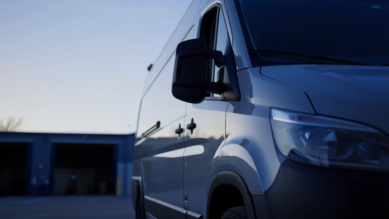 A white commercial cargo van parked near a warehouse