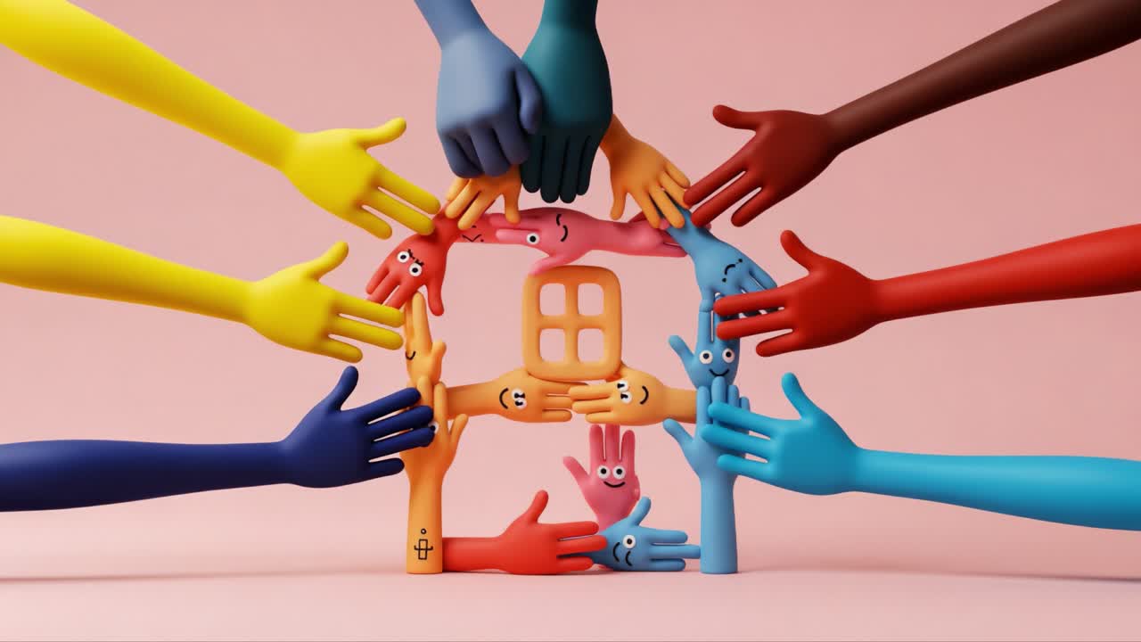 Creative Representation of Community and Togetherness: A Colorful House Built from Hands Symbolizing Unity, Diversity, and Collaboration in a Playful Atmosphere