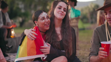 orgullo, festival y amigos felices en una fiesta