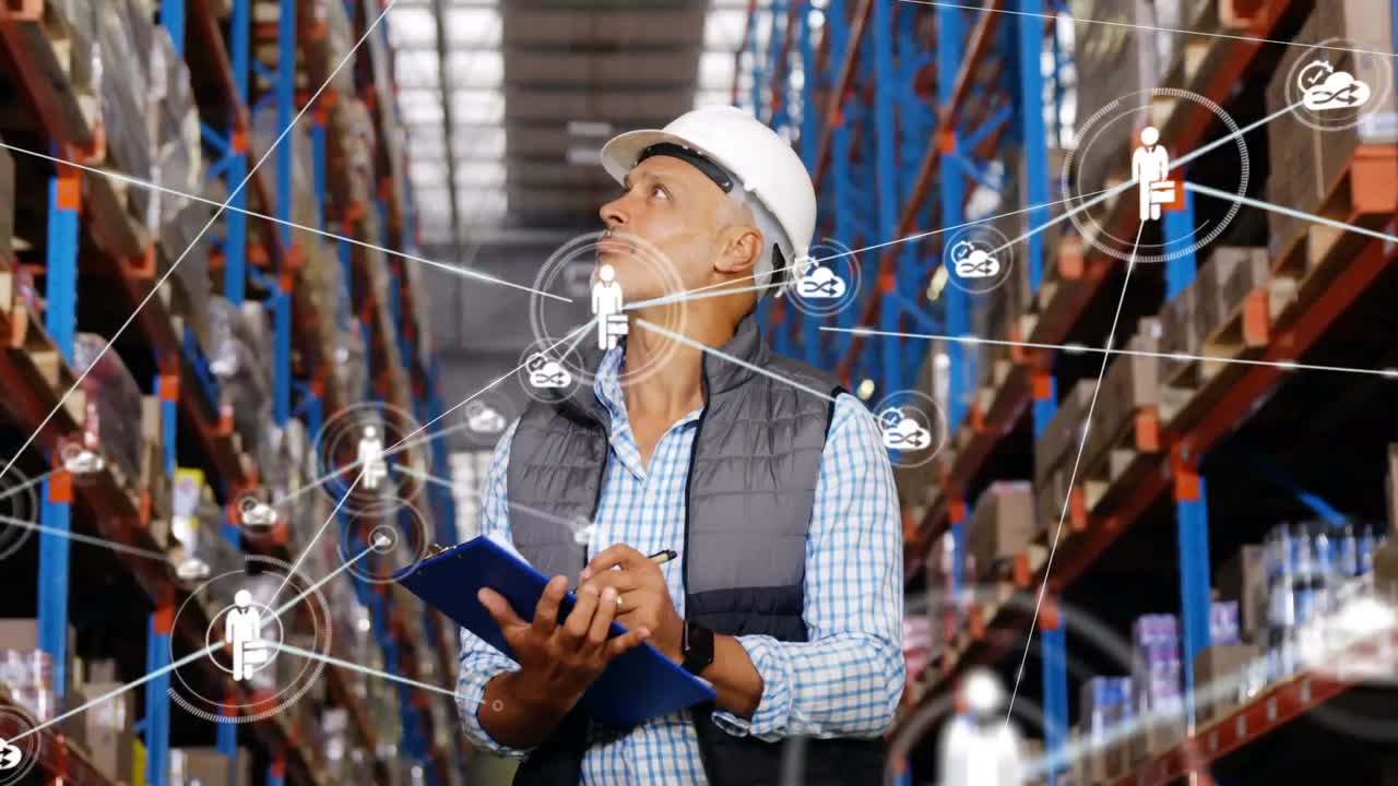 animación de la red de conexiones sobre el hombre escribiendo en el clipboard en el almacén