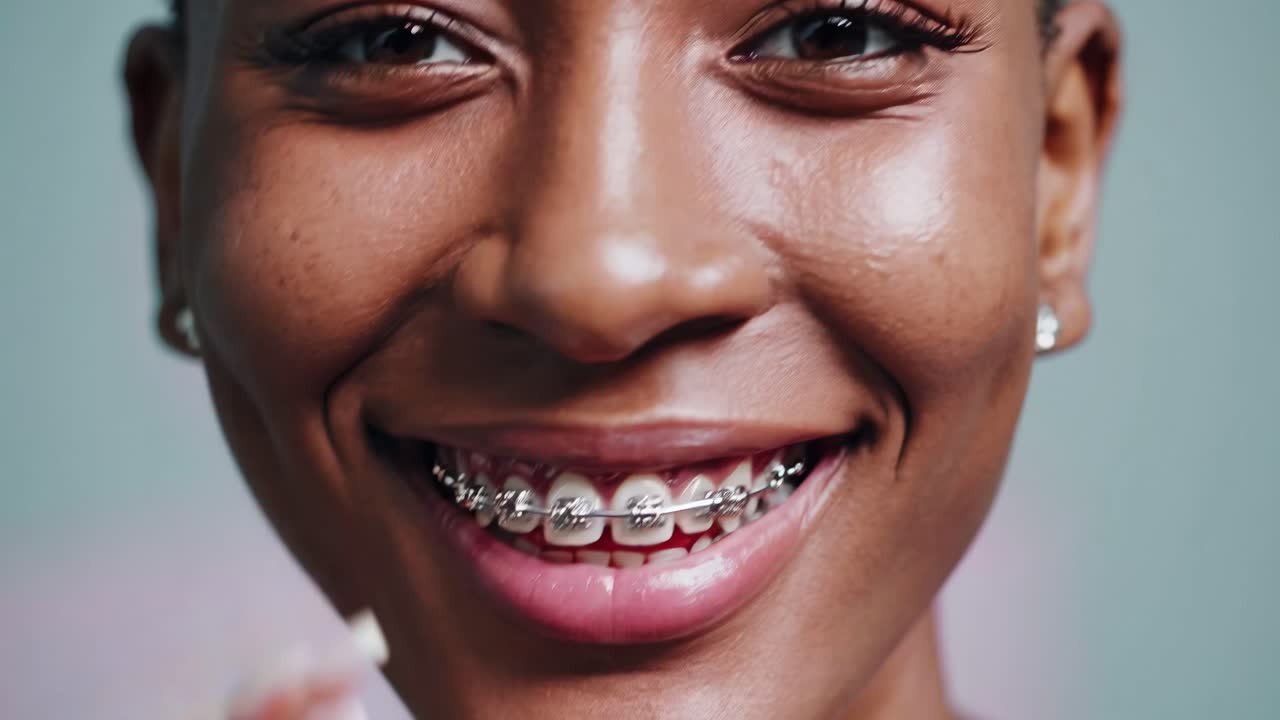 Close-up video shot of a smiling person with braces, capturing a joyful expression