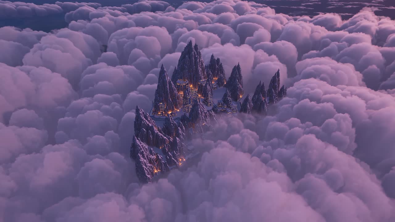 Aerial video angle captures mystical mountain peaks emerging through fluffy clouds at sunset