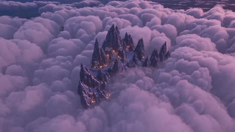 aerial video angle captures mystical mountain peaks emerging through fluffy clouds at sunset
