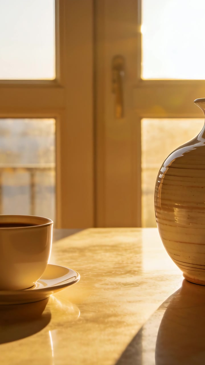 Video verticale: Luce solare che filtra dalla finestra creando un riflesso sul tavolo di casa con tazza e vaso.