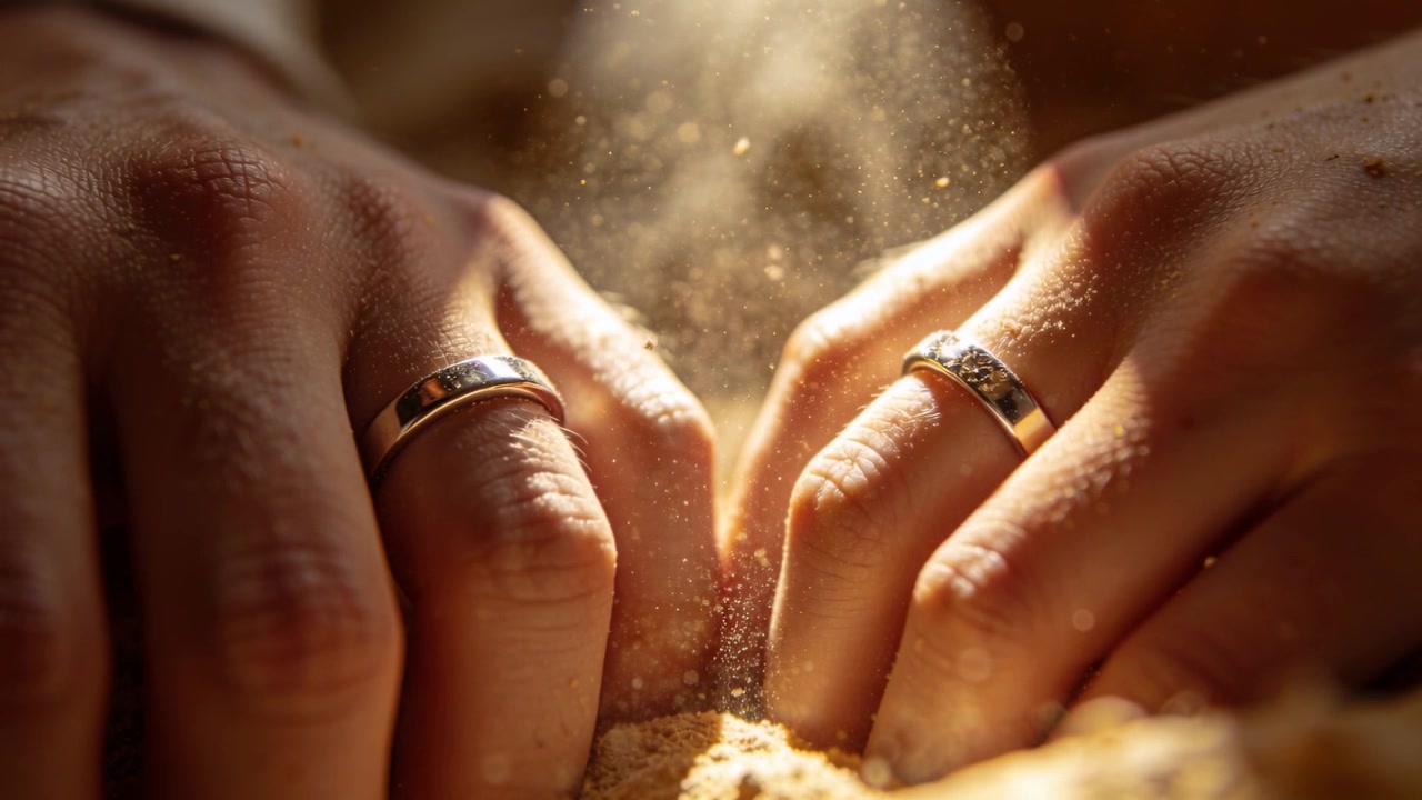 Pressing hands on fingertip contact, squeezing grains in macro to reveal backlit dust, silver rings