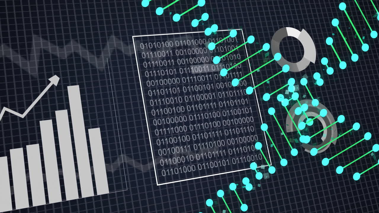 Animation of dna strands over data processing on black background