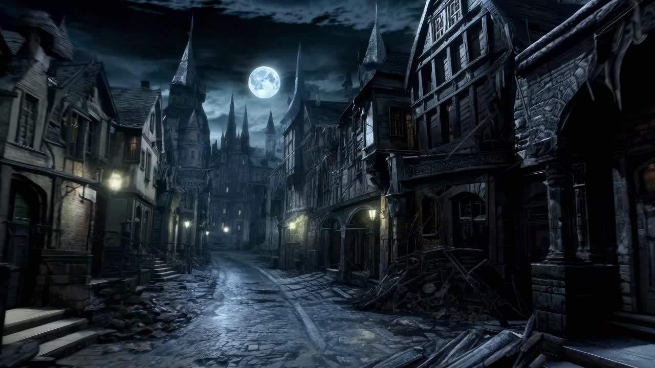 Gothic street scene at night with eerie lighting and full moon