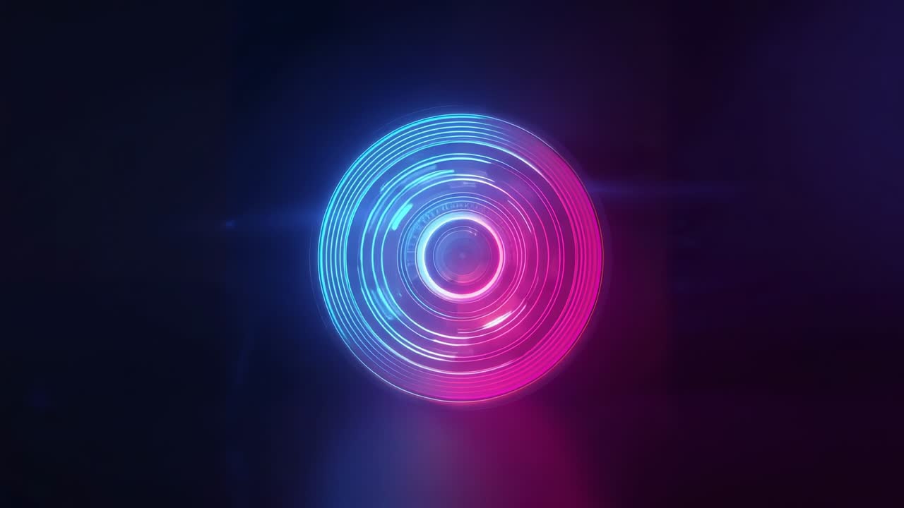 Cincin neon konsentris yang bersinar berputar dan mengubah warna dalam ruang gradien, dengan garis lensa suar