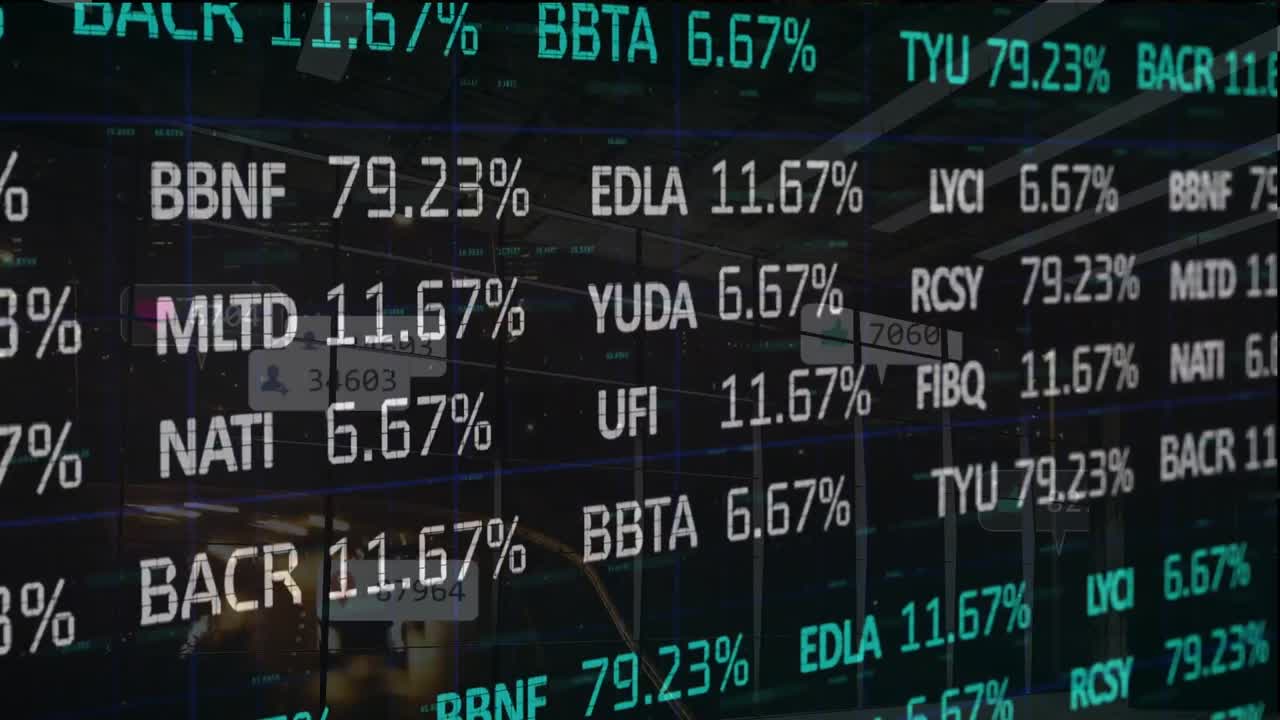 Animation of stock market over cityscape at night