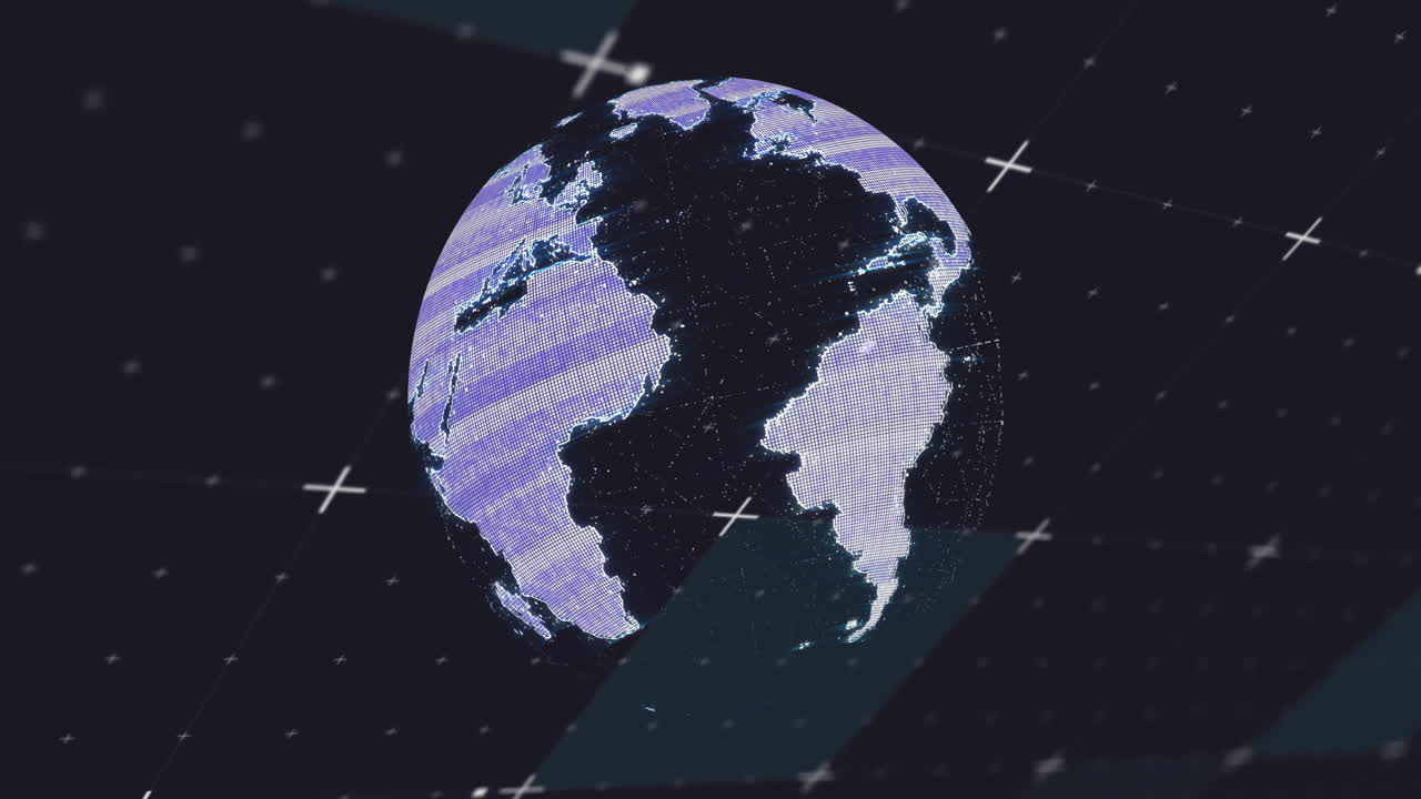 Animation of rotating digital globe with grid lines on dark background