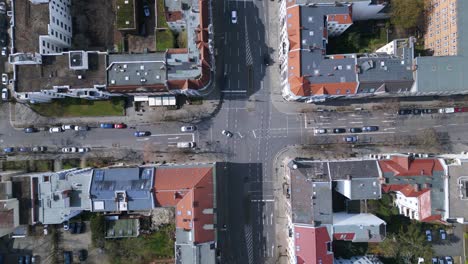 magic aerial top view flight german street in berlin city at cloudy day, district steglitz