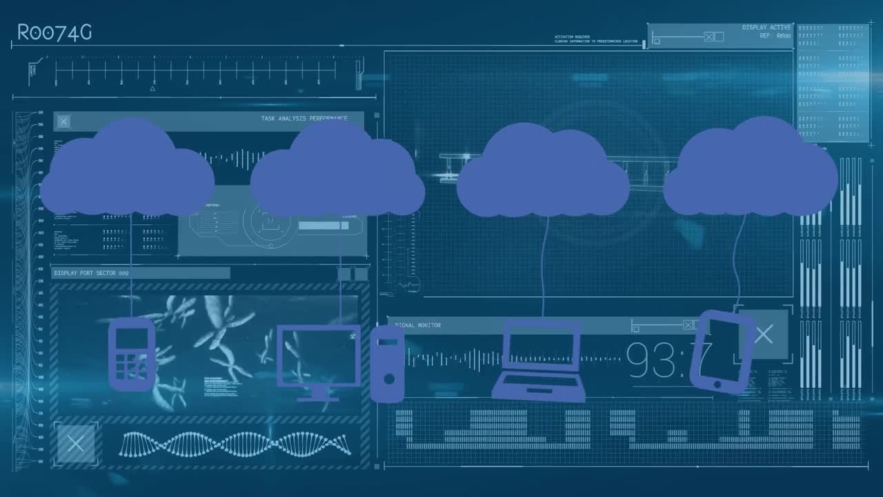 Animation of cloud icons and data processing over dark background