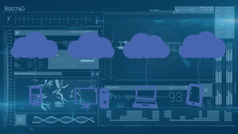 Animation-Von-Wolkensymbolen-Und-Datenverarbeitung-Auf-Dunklem-Hintergrund