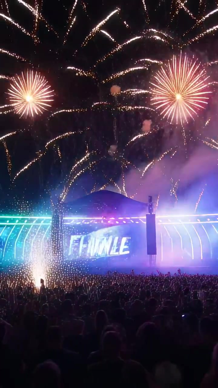 Vertical video: LED showing FINALE, lit stage launching fireworks at night concert marking finale