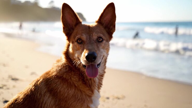 Un cane gioioso si gode una giornata di sole in spiaggia, osservando le onde e le persone mentre abbraccia la gioia della natura e la tranquillità dell'oceano