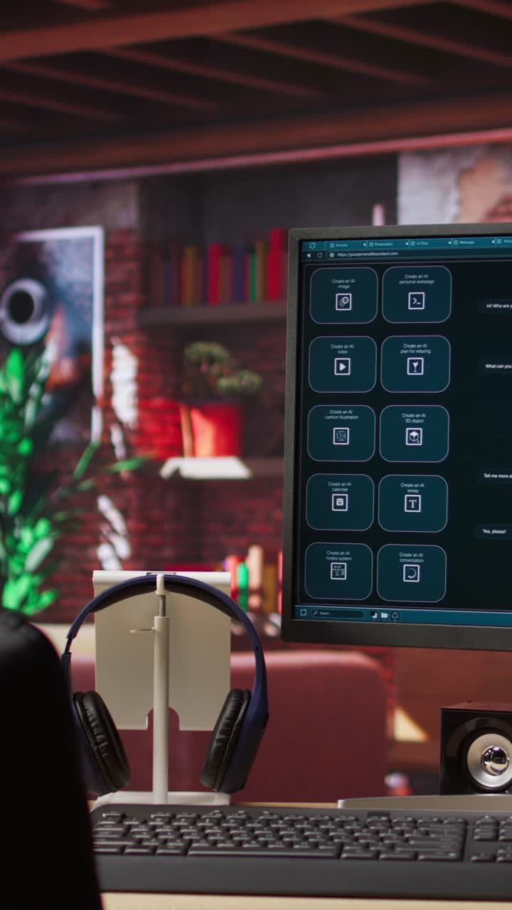 Vertical video PC in home office with AI LLM chatbot answering user prompts