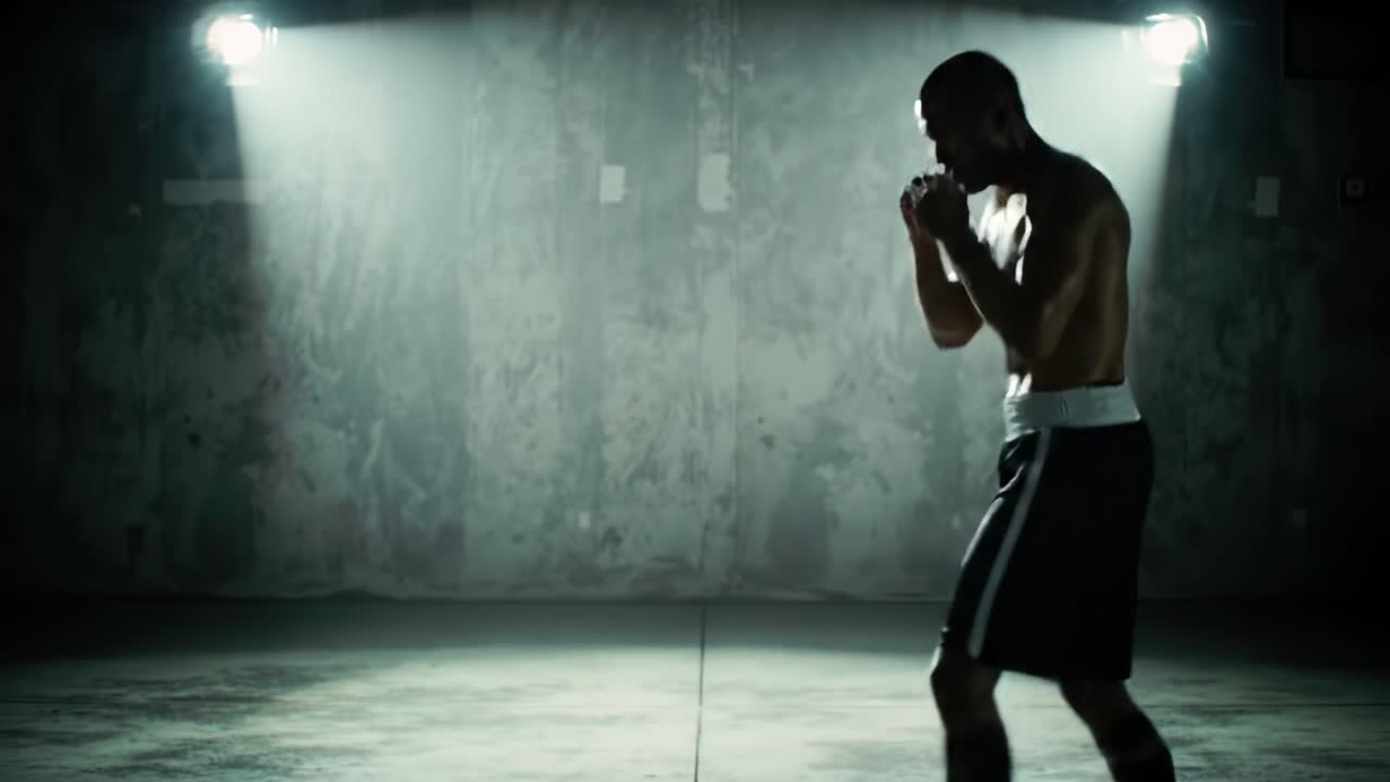 A determined boxer engages in a rigorous training session, showcasing powerful movements and techniques in a gritty, shadowy gym environment. Bright lights create dramatic contrasts.