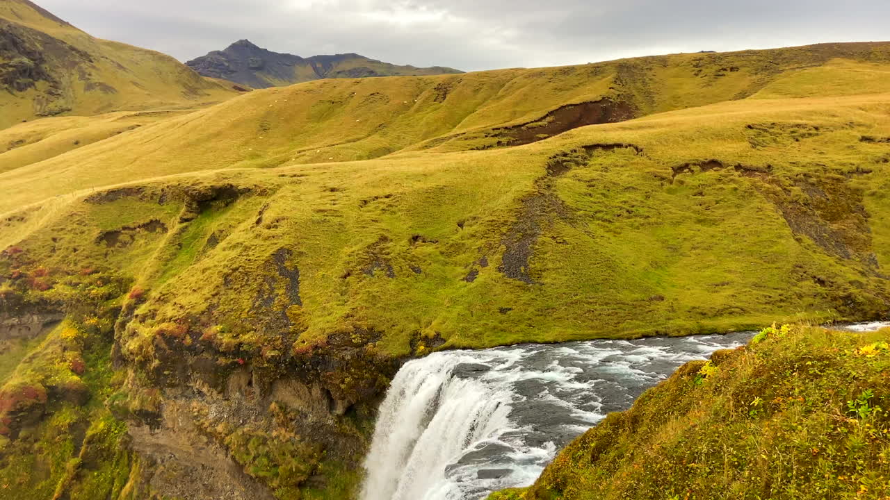 parte superior de la gran cascada de skogafoss con ovejas en el fondo