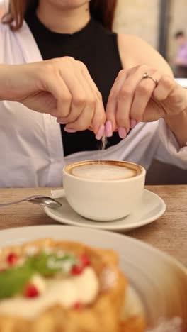 woman adding sugar to her cappuccino at a cafe