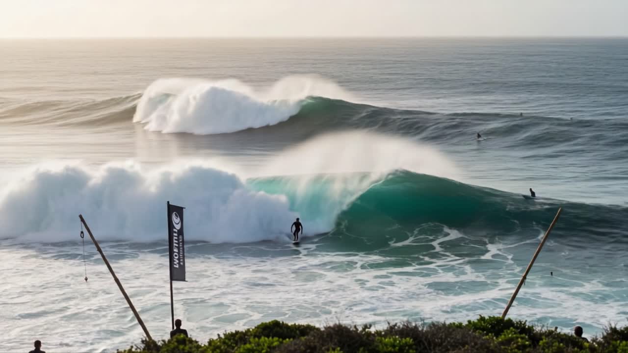 Epic Surfing Scene: Captivating Waves and Adventurous Surfers Riding the Thrilling Tides at a Beautiful Coastal Location, Showcasing the Natural Power and Beauty of the Ocean