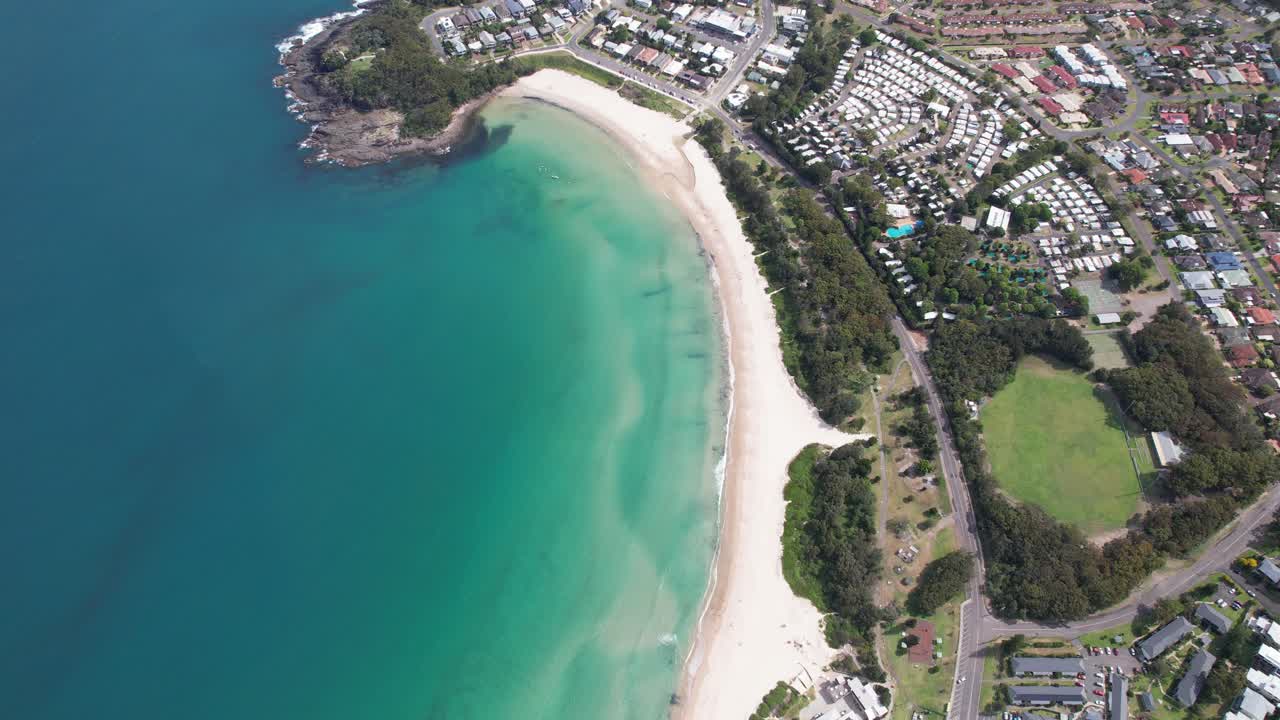 Top View Of White Sand Beach Of Fingal Bay In Port Stephens, New South Wales, Australia. aerial shot