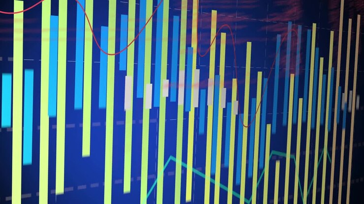 Bars fading in, growing in size while red code and trend line scrolling showing data trends