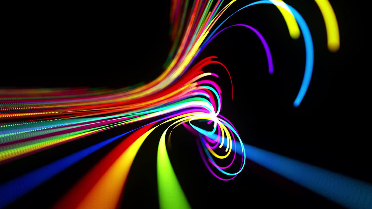 다채로운 빛 줄무, 빛 및 보케 효과와 함께 4k에서 추상적인 루프 된 배경, 입자로 만든 네온 선이 날아가고 곡선 구조 또는 휘어진 패턴을 형성합니다.