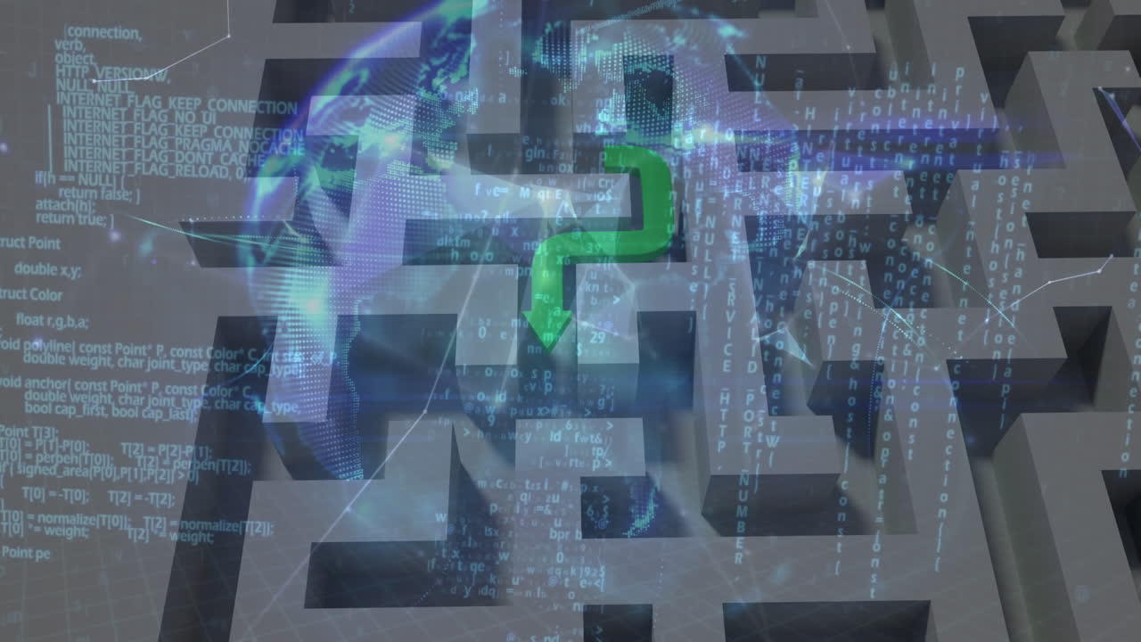 animación de flecha, laberinto, red de conexiones y globo giratorio en el espacio naval