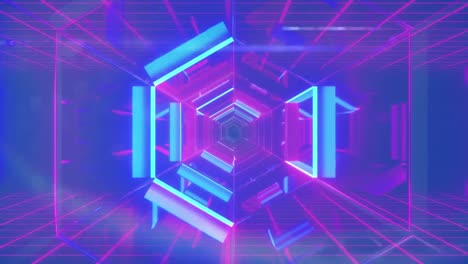 Animation-of-neon-pink-hexagonal-tunnel-in-seamless-pattern-against-blue-background